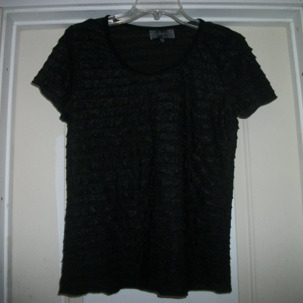 ROMANTIC BLACK SILKY RUFFLES BLOUSE M